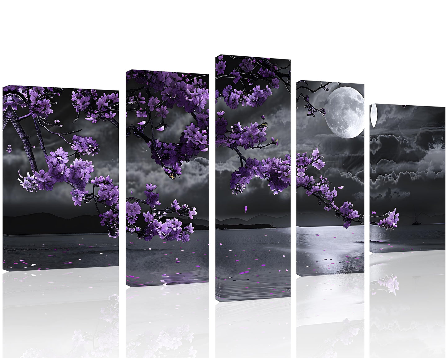 TutuBeer 5 Pcs Purple Bedroom Pictures Wall Decor Purple Canvas Art Black and White Sea Night Full Moon Flower Print on Canvas Flower Wall Picture for Room Decor Stretched and Framed