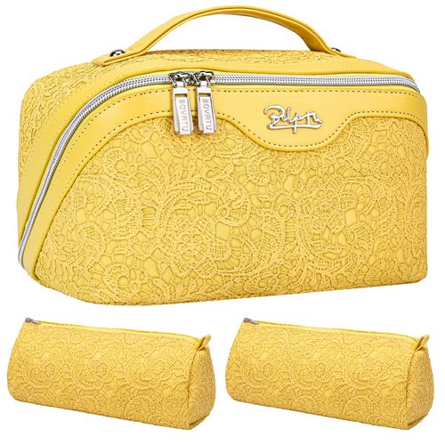 Travel Makeup Bags Cosmetic Organizer Bag: 3-Set Large Capacity Make up Bag - PU Leather Toiletry Bag for Women - Wide Open Portable Pouch with Divider & Handle (06-Yellow)