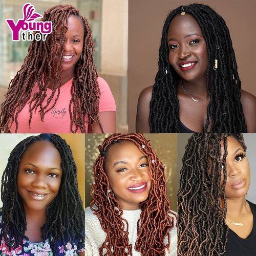 Youngther New Faux Locs Crochet Hair 14 Inch 6 Packs Fashion Extended Soft Locs for Black Women Most Natural Locs Crochet Braiding Hair Curly Wavy Pre-Looped Goddess Locs Braids Hair Extensions(1B)