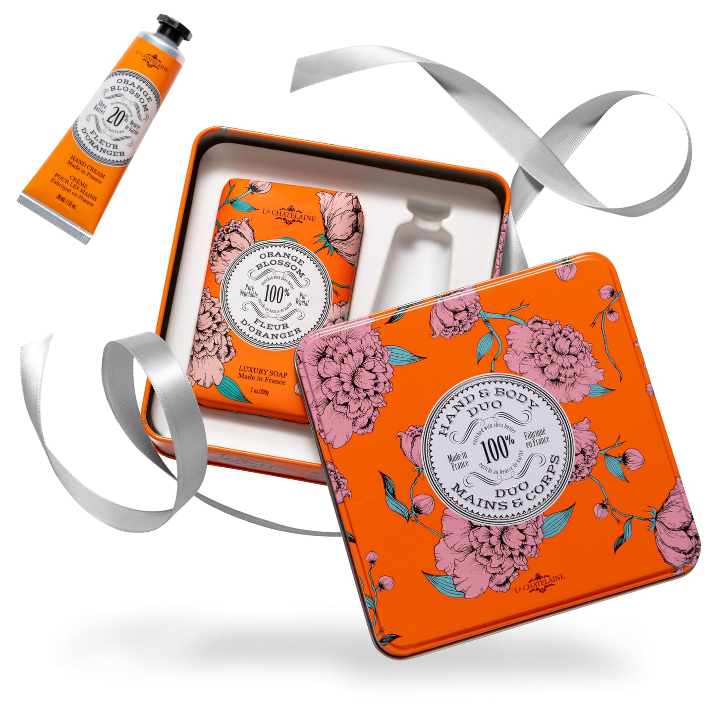 La Chatelaine Orange Blossom Triple Milled Bar Soap and 20% Shea Butter Hand Cream Gift Set, Decorative Tin, Plant-Based, Natural & Organic, Made in France (7 oz. soap bar, 1 oz. hand lotion)