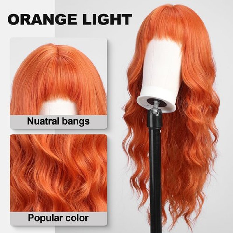 KOME Orange Wigs with Bangs,Orange Wig for Women Long Wavy Wig for Women,Long Curly Wigs Synthetic Hair Wig for Party Cosplay Daily Use 26IN