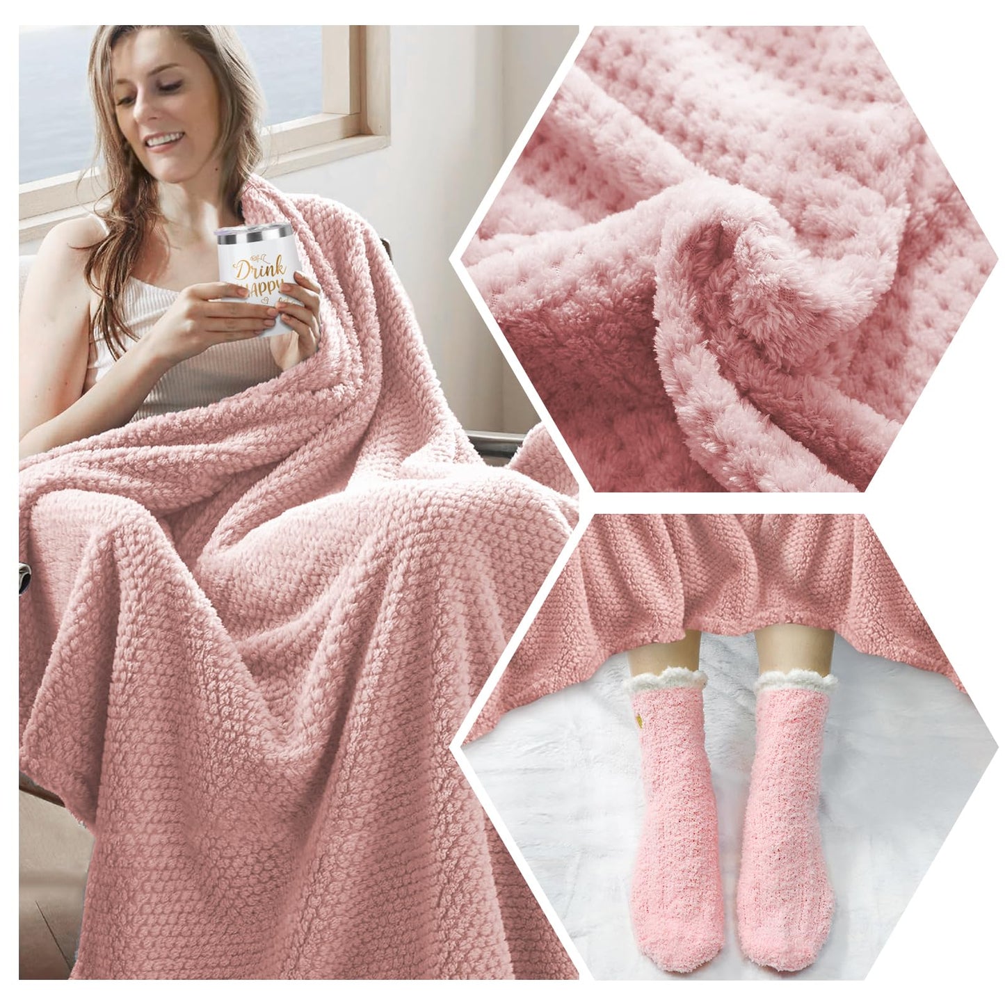 Juesly Birthday Gifts for Women Christmas Day Gifts, Unique Self Care Package Get Well Soon Basket Rose Relaxing Spa Kit with Flannel Blanket Tumbler, Happy Christmas Box for Friend Mom Sister Wife