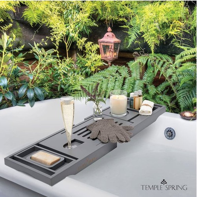 Temple Spring Bathtub Caddy Tray - Extendable Bath Tray for Bathtub with Candle, Wine Glass, Book, Pad & Phone Holders - Adjustable Bathtub Tray Over tub w/Bathroom Accessories - Grey