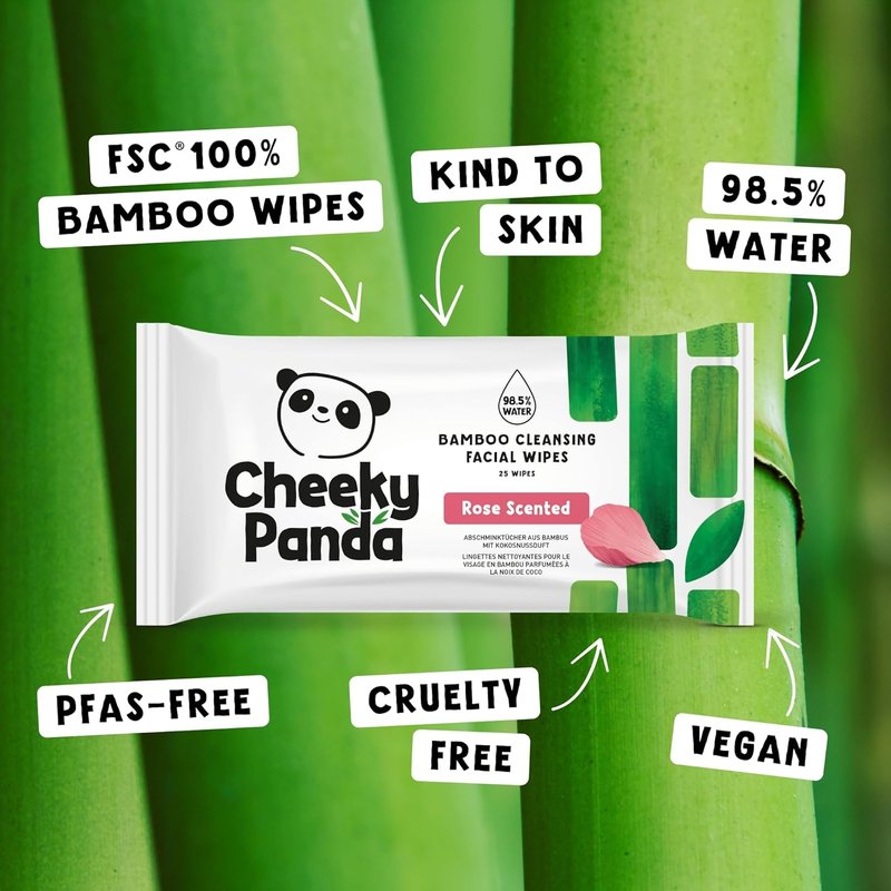 Cheeky Panda Face Cleansing Wipes - Biodegradable Rose Scented Makeup Remover | 24 Packs of 25 Flushable Wipes