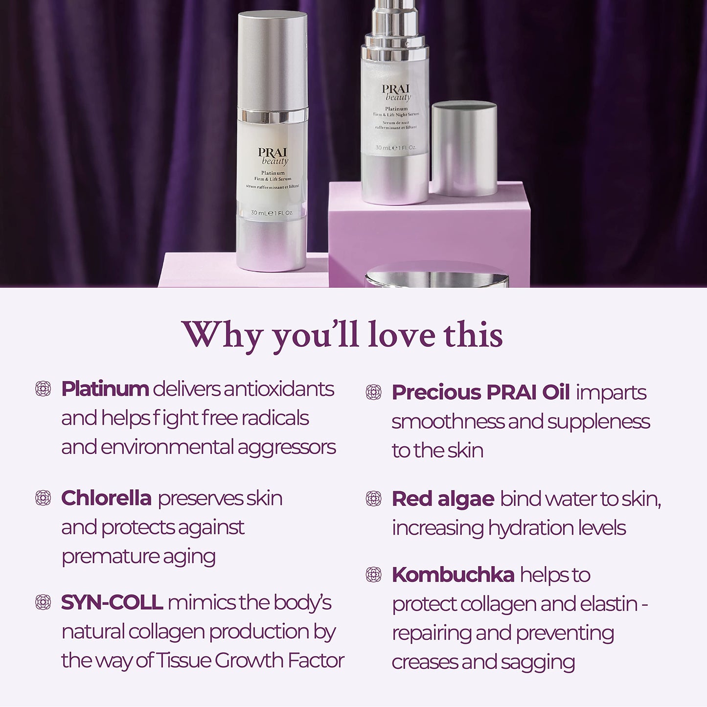 PRAI Beauty Platinum Firm and Lift Serum, Anti-Aging Face Serum for Instant Face Lift, Nourishing and Hydrating Serum, Vegan, Cruelty-Free, 1.7 Fl oz