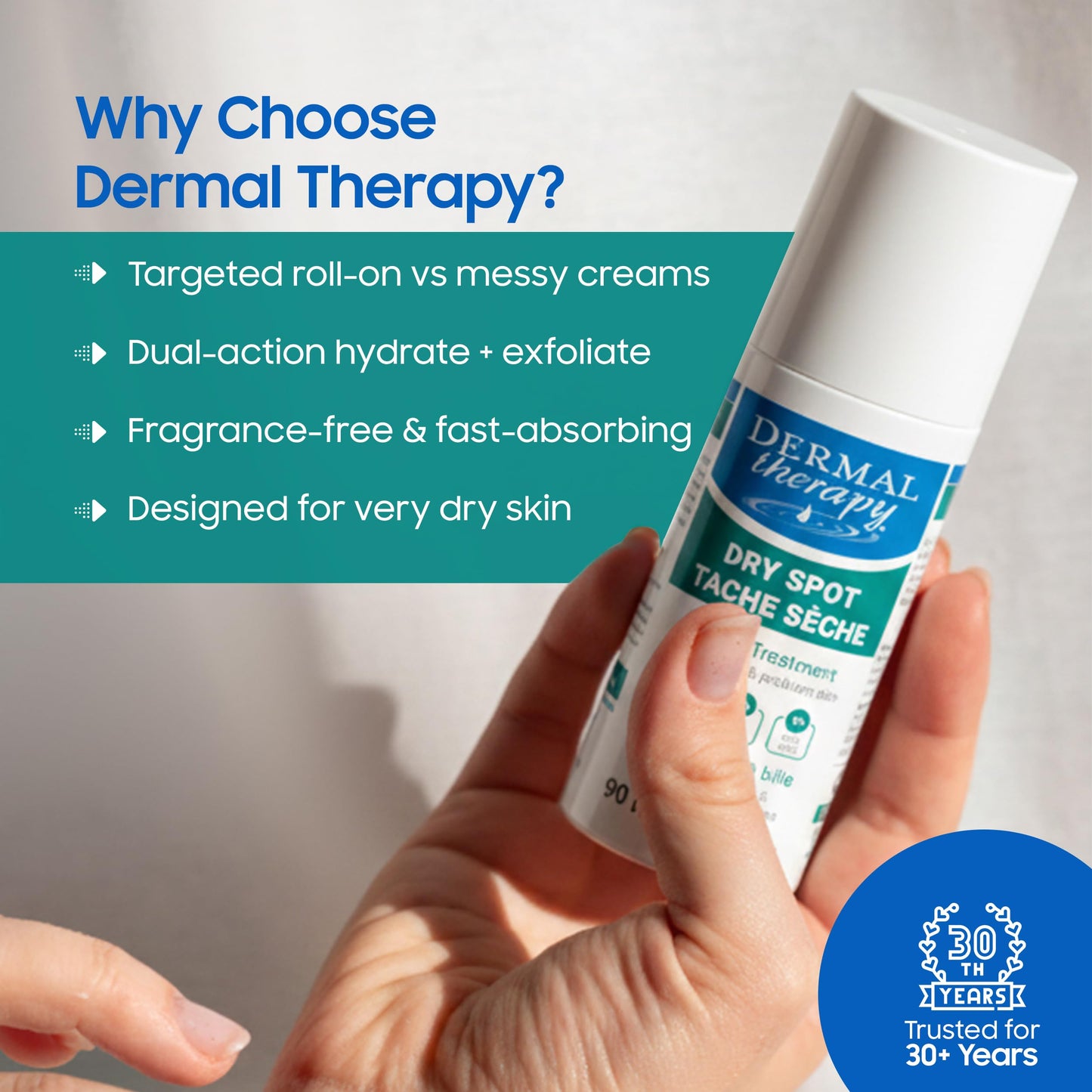 Dermal Therapy Dry Spot Treatment Roll-On with 10% Urea & 6% AHAs – Hydrating & Exfoliating Care for Very Dry Skin on Feet, Heels, Elbows & More – Fragrance-Free, Hands-Free Application