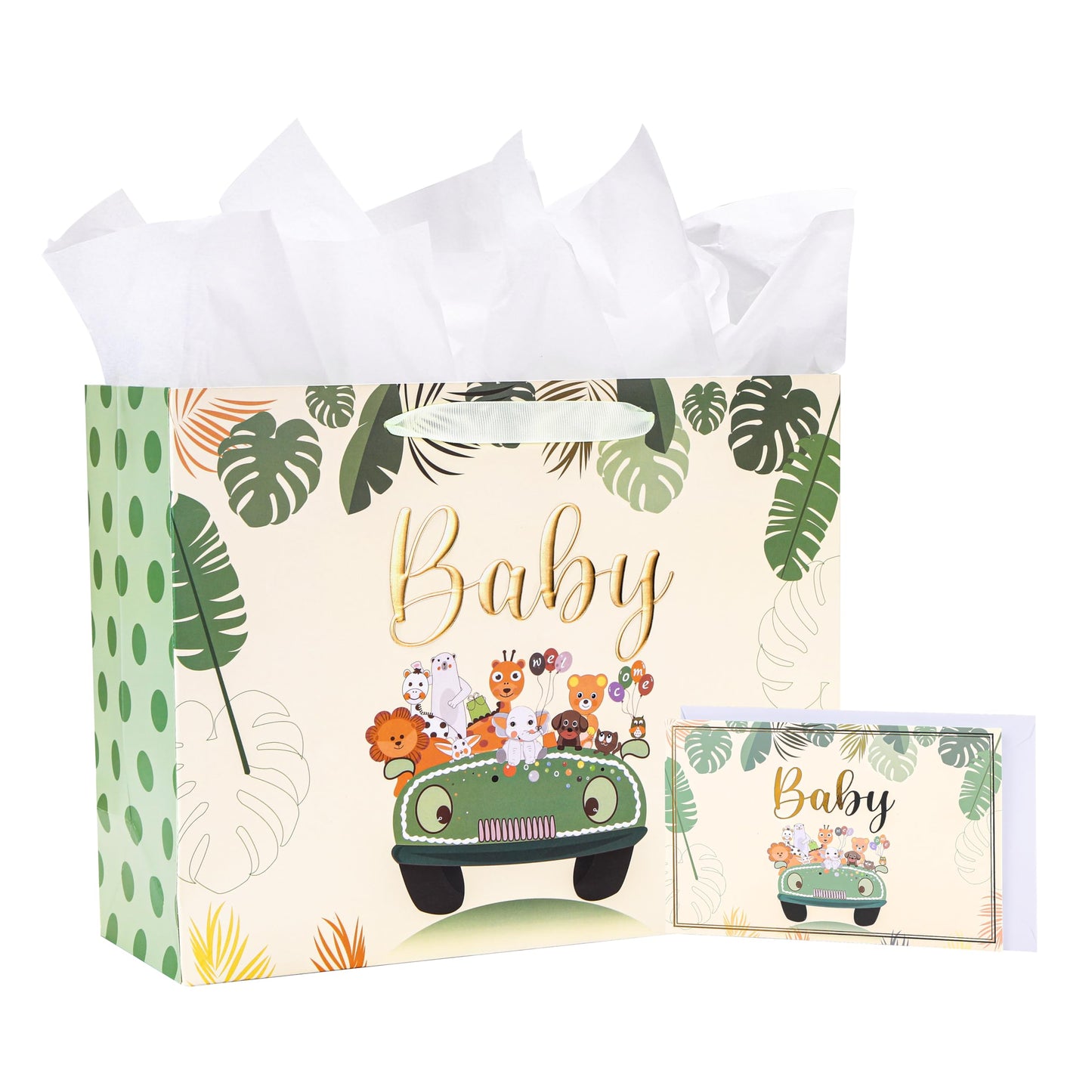Bobobag 13" Sage green Gift Bag for Baby shower,Newborn gift bag with Tissue Paper and Greeting Card.