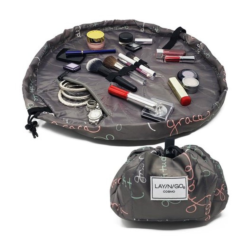 Lay-n-Go Cosmo Drawstring Cosmetic & Makeup Bag Organizer - Portable Drawstring Makeup Bag w/Zipper Pocket & More - Durable, Machine Washable Makeup Bag for Travel (20”, Grit Grace Gratitude)