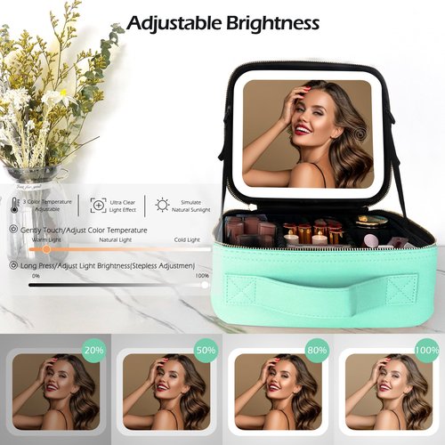 MOMIRA Travel Makeup Bag Cosmetic Bag Makeup Organizer Bag with Large Lighted Mirror 3 Color Scenarios Adjustable Brightness, Waterproof Makeup Travel Case, Large Makeup Train Case Toiletry Gift