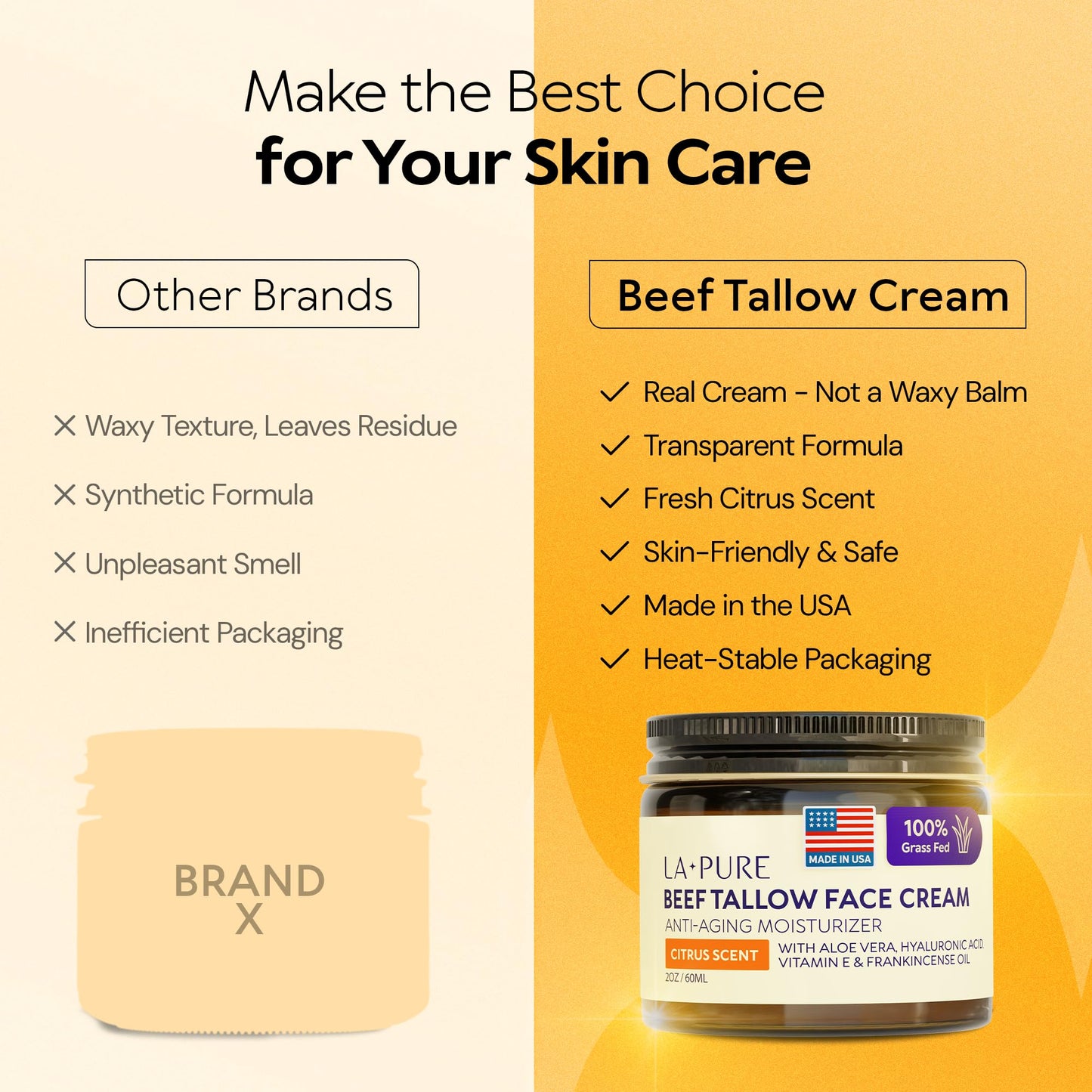 LA PURE Beef Tallow for Skin, Grass-Fed Tallow Face Cream with Aloe Vera, Hyaluronic Acid, Frankincense & Vitamin E to Hydrate, Firm, and Smooth Skin, Non-Greasy Moisturizer, Citrus Scent, 2 oz