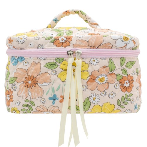 PAZIMIIK Cotton Makeup Bag for Women Large Quilted Travel Cosmetic Case Girls' Make Up Organizer,Floral Orange