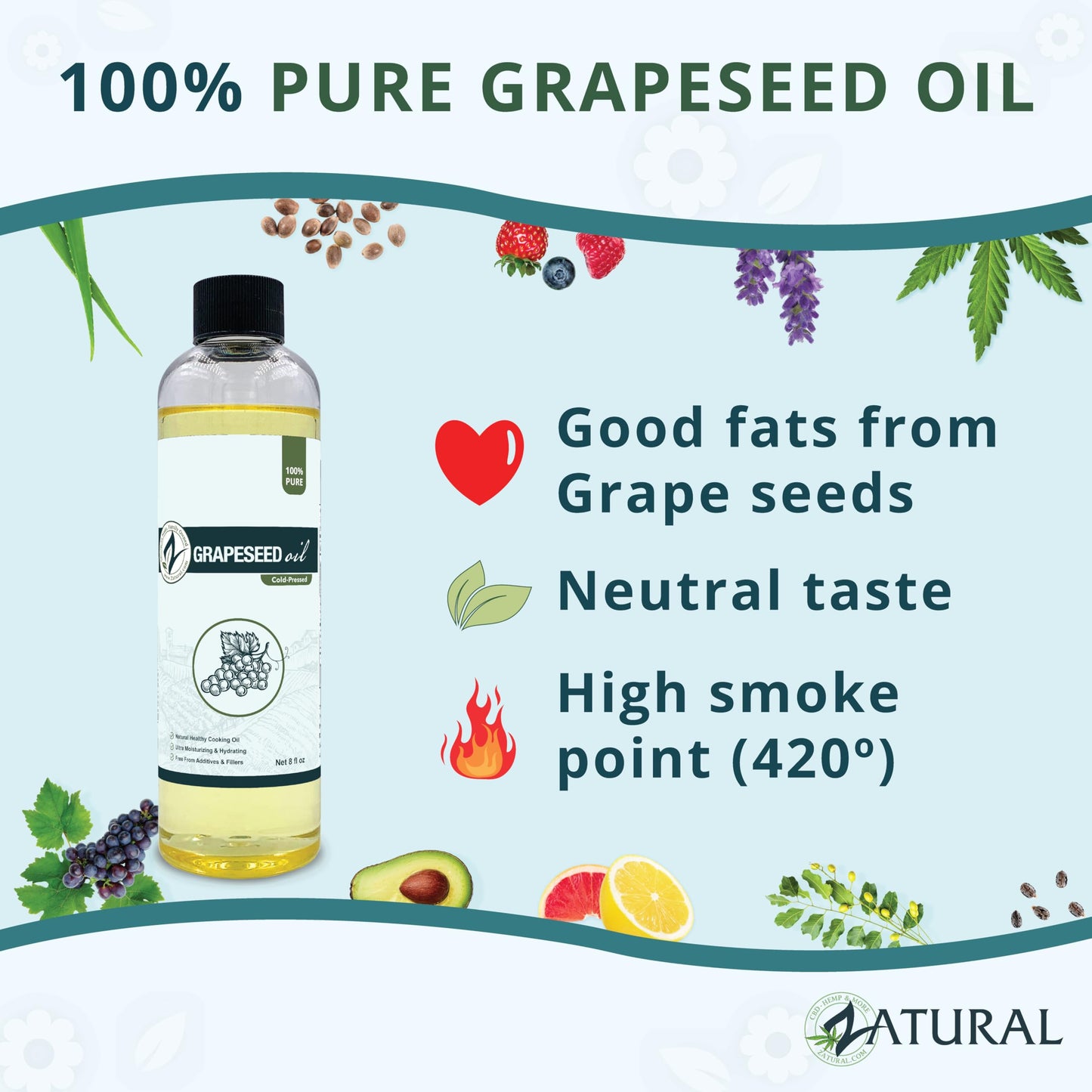 Zatural 100% Pure Cold Pressed Grapeseed Oil – Naturally Grown Virgin, High Smoke Point 450°F+, Non-GMO, Perfect for Cooking Frying Baking, Dressings Marinades & Skincare Hair (8 Fl oz)