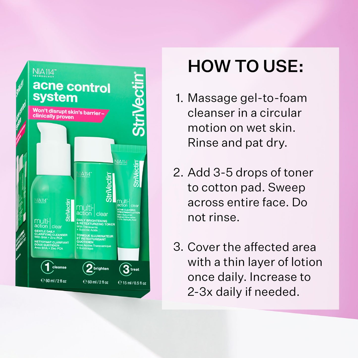 StriVectin Acne Control System Set with Cleanser, Lotion & Toner, Multi Action Clear for Acne and Blemish Prone Skin for Clearer, Smooth and Brighter Skin, Less Breakouts and Pimples - 3 Piece Set