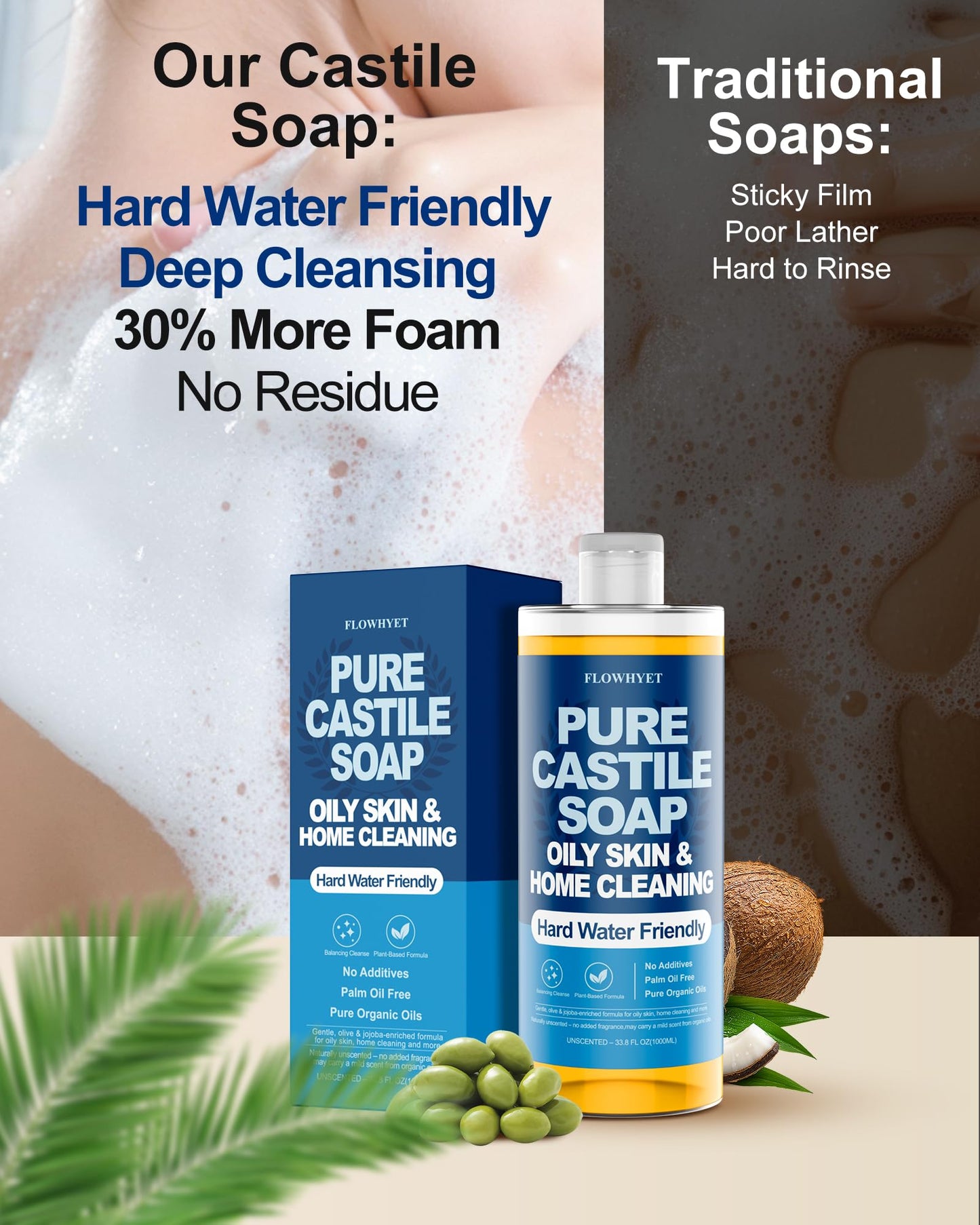 FLOWHYET Pure Castile Soap Liquid Unscented 33.8 fl oz, Organic Body Wash，Bath Soap Castile Liquid, Hard Water Friendly for Sensitive & Oily Skin for Body，Face, Hand, Multi-Purpose Home Cleaner