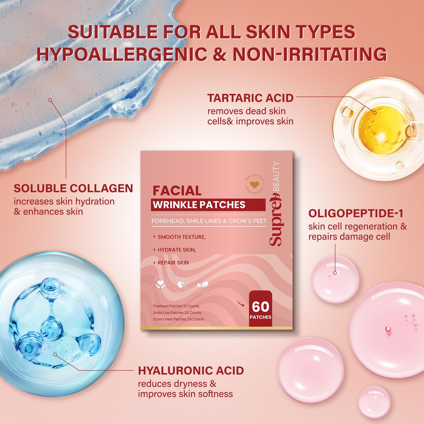 SupreH Forehead Wrinkle Patches For Anti-Wrinkle: Facial Wrinkle Patches for Forehead Under Eye and Smile Lines 3 in 1 Set - Overnight Mask 60 PC