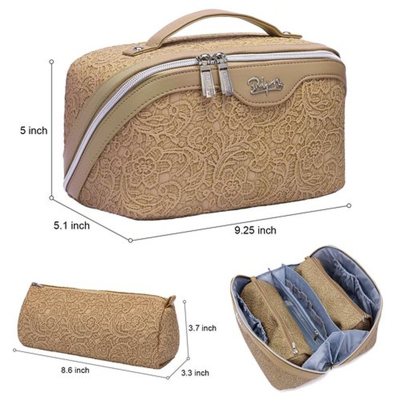 Travel Makeup Bags Cosmetic Organizer Bag: 3-Set Large Capacity Make up Bag - PU Leather Toiletry Bag for Women - Wide Open Portable Pouch with Divider & Handle (03-Straw Yellow)