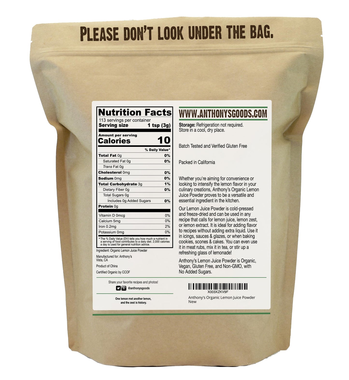 Anthony's Organic Lemon Juice Powder, 12 ounce, Freeze-Dried, Cold Pressed, No Sugar Added, Gluten Free, Non GMO