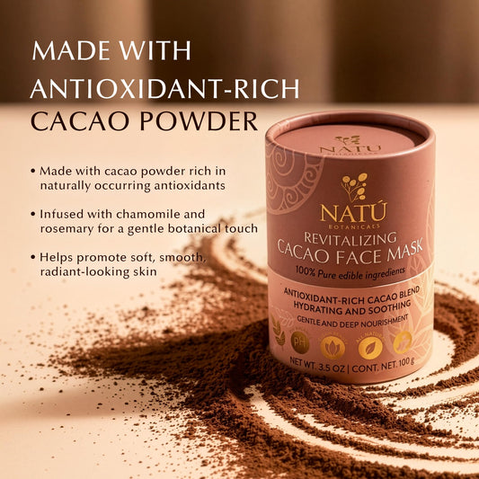 NATÚ BOTANICALS Revitalizing Cacao Hydrating Face Mask - Antioxidant Rich Moisturizing Facial Mask with Chocolate Scent - Pore Refinement, Hydrating & Soothing Face Masks for All Skin Types, 3.5oz
