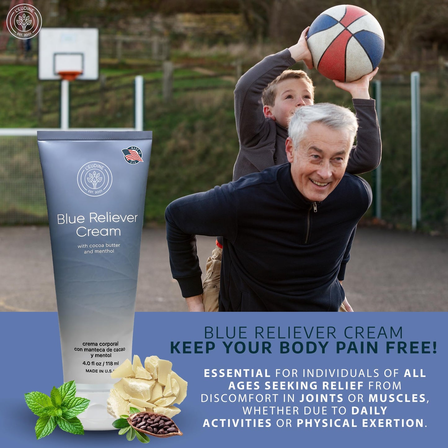L'EUDINE Blue Reliever Cream – Joint and Muscle Therapy, Body Cream with Cocoa Butter and Menthol