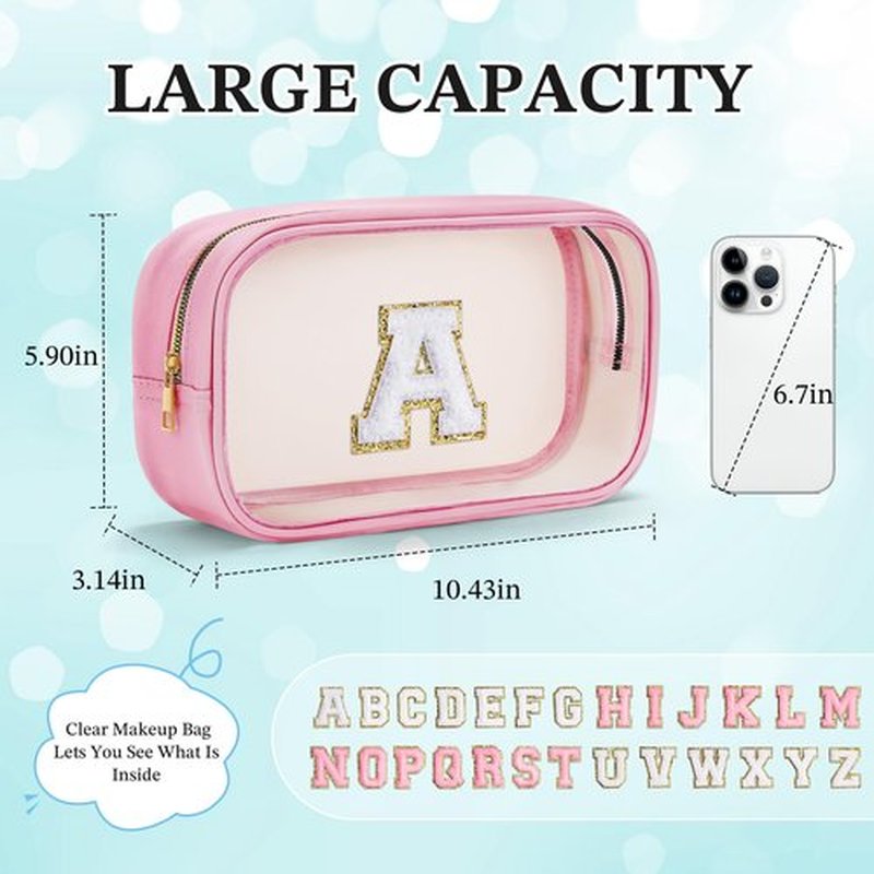 YOOLIFE Initial Clear Makeup Bag Make Up Bag Travel Toiletry Bag Preppy Cosmetic Bags Organizer Travel Essentials Pink Gifts for Women Teen Girlfriend Teacher Mom Brithday Gifts Clear Toiletry Bag A