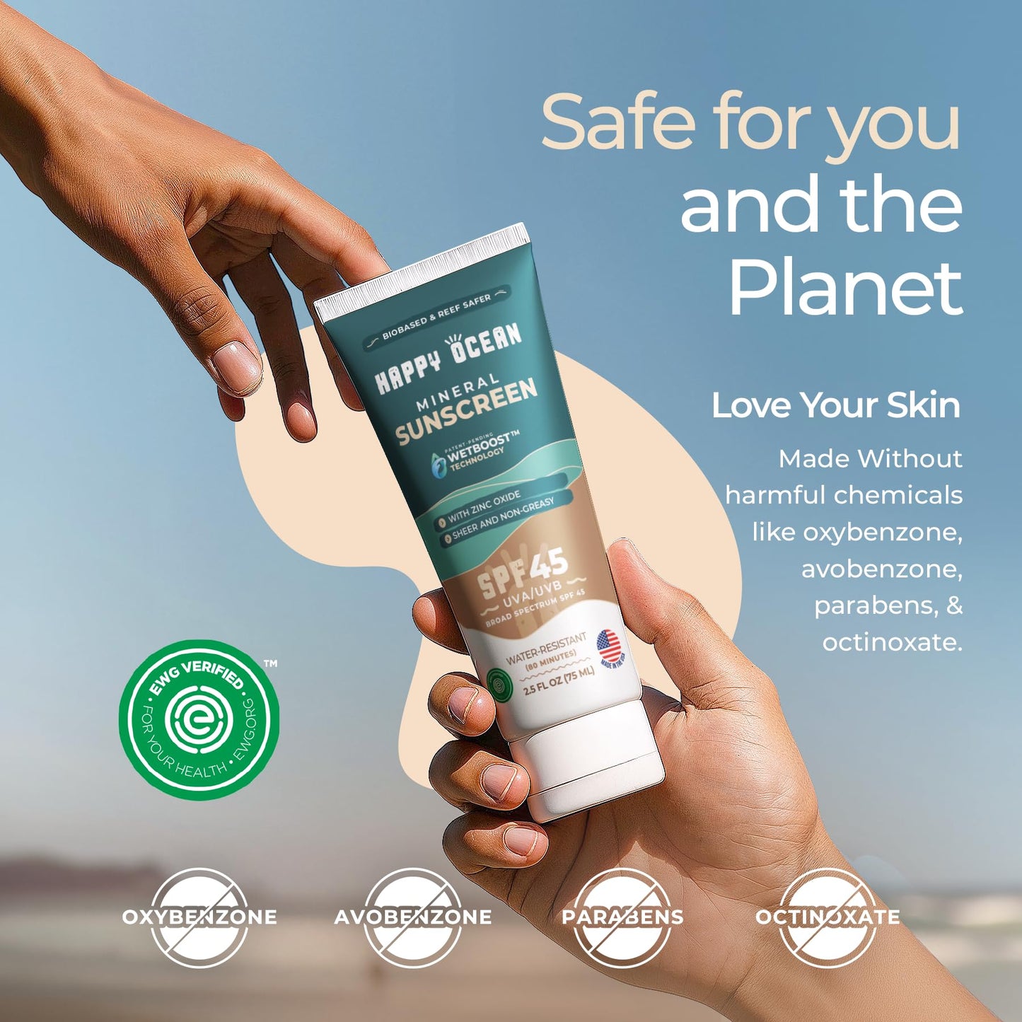 Happy Ocean Reef Safe Mineral Sunscreen SPF 45 – Non-Nano Zinc Oxide Lotion, Water Resistant 80 Min, Travel Size 2.5 oz, Face & Body