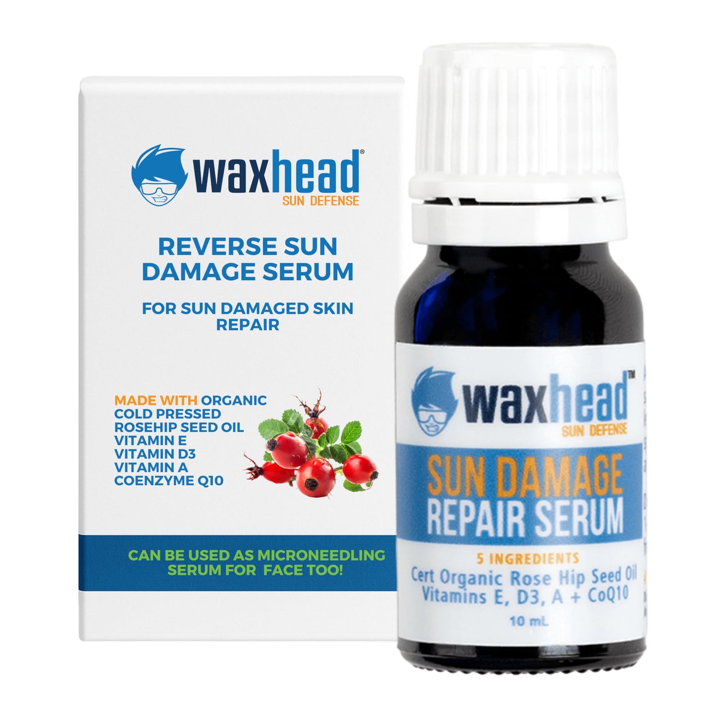Waxhead Sun Damage Repair Serum, Rosehip Oil and Rosehip Seed Oil for Face with Vitamin A, E and CoQ10, Lightweight Face Oil for Sensitive Skin, Dark Spot and Discoloration Serum for Sun Damaged Skin