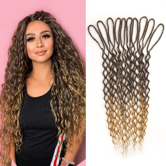 HANNE 24 Curly Double Ended Wavy Dreadlock Extensions for Women and Men 10 Strands Handmade Wools Hippie Style Locs Crochet Hair Extensions Ombre Brown Goddess DE Dreads Extensions (24 inch, MT1B/27)