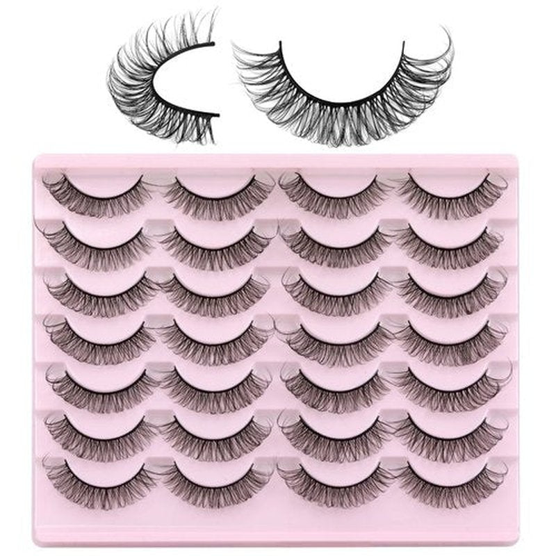 Newcally Russian Strip Lashes Mink Wispy Natural Look False Eyelashes Pack Manga Lashes D Curl Fluffy Volume Faux Mink Lashes Cat Eye Lashes Look Like Lashes Extension 14 Pairs