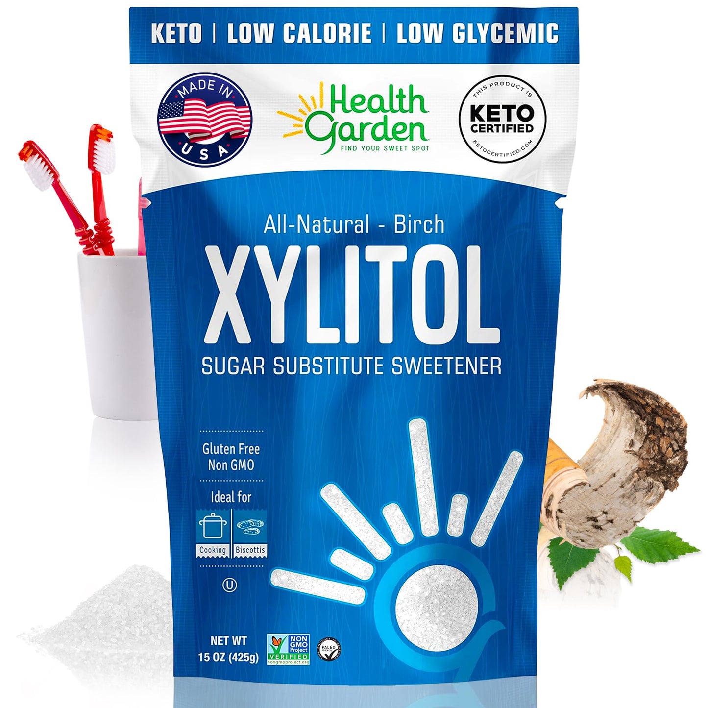 Health Garden Birch Xylitol Sweetener, 15 oz Bag – 100% Birch-Derived Xylitol Sugar Substitute for Baking & Coffee, 1:1 Sugar Replacement, Supports Teeth, Keto, Vegan, Non-GMO