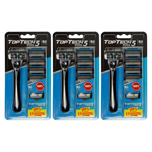TopTech PRO 5 Razors for Men Trio Set - Manual Shaving Razors & Refills - 54 Count Pack (3 Handles + 51 Replaceable Cartridges) - 5-Blades Technology - Soft Shave & Sharp - Best Refill Price