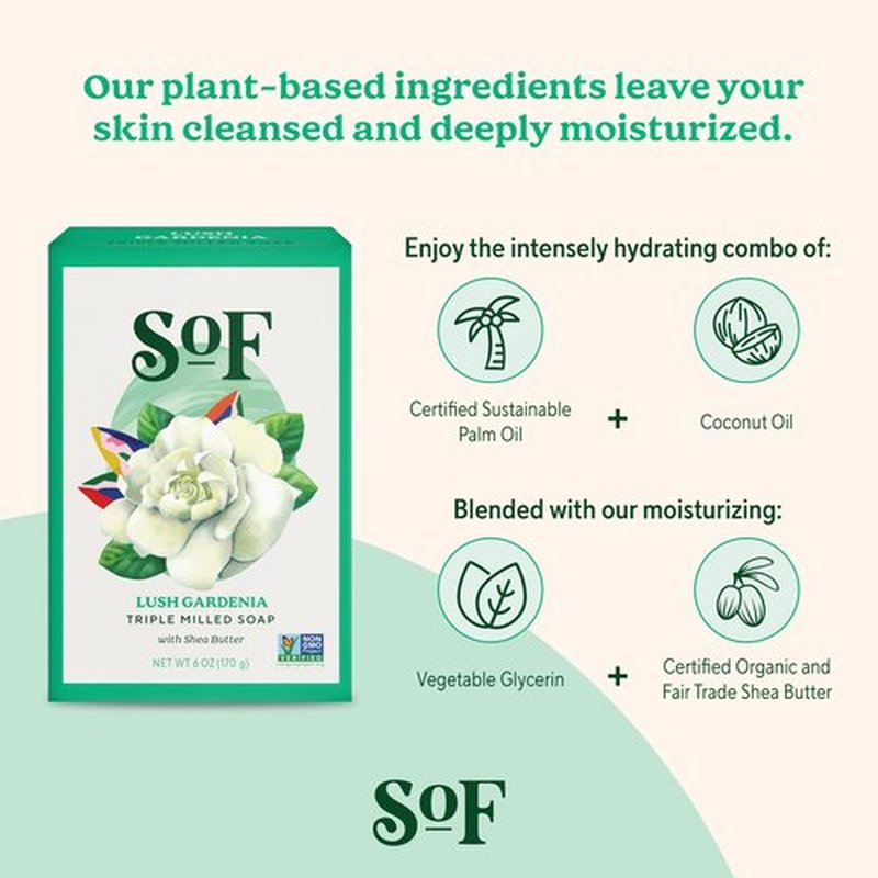 South Of France Lush Gardenia Bar Soap by SoF Body Care (Formerly Body Care) | Triple-Milled Soap with Shea Butter + Essential Oils | Vegan, Non-GMO Body Soap | 6 oz Bar | 6 Bars