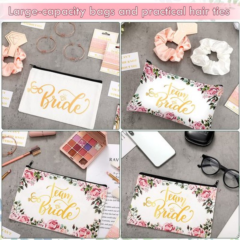 63 Pcs Bridesmaid Proposal Gifts Bulk Maid of Honor Gifts Matron of Honor Gifts Brides Bridesmaid Cosmetic Makeup Bag Hair Knotted Bracelets Invitation Cards for Wedding Bachelorette (Floral Style)