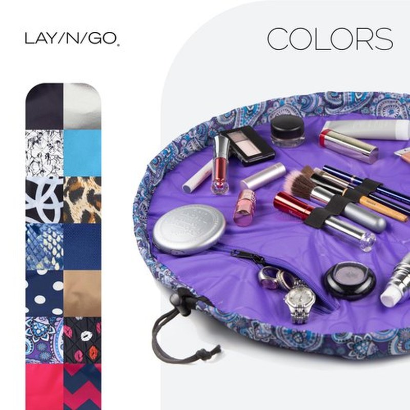 Lay-n-Go Cosmo Drawstring Cosmetic & Makeup Bag Organizer - Portable Drawstring Makeup Bag w/Zipper Pocket, Makeup Loops & More - Durable, Machine Washable Makeup Bag for Travel (20”, Purple Paisley)