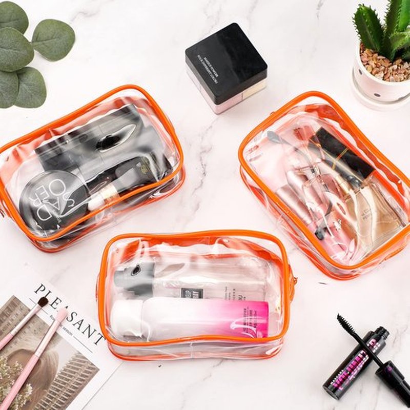 Weewooday 12 Pieces Clear Cosmetics Bag PVC Zippered Clear Toiletry Carry Pouch Cosmetic Makeup Bag Waterproof Makeup Bag Vinyl Plastic Organizer Case for Vacation Bathroom(Medium,Orange)