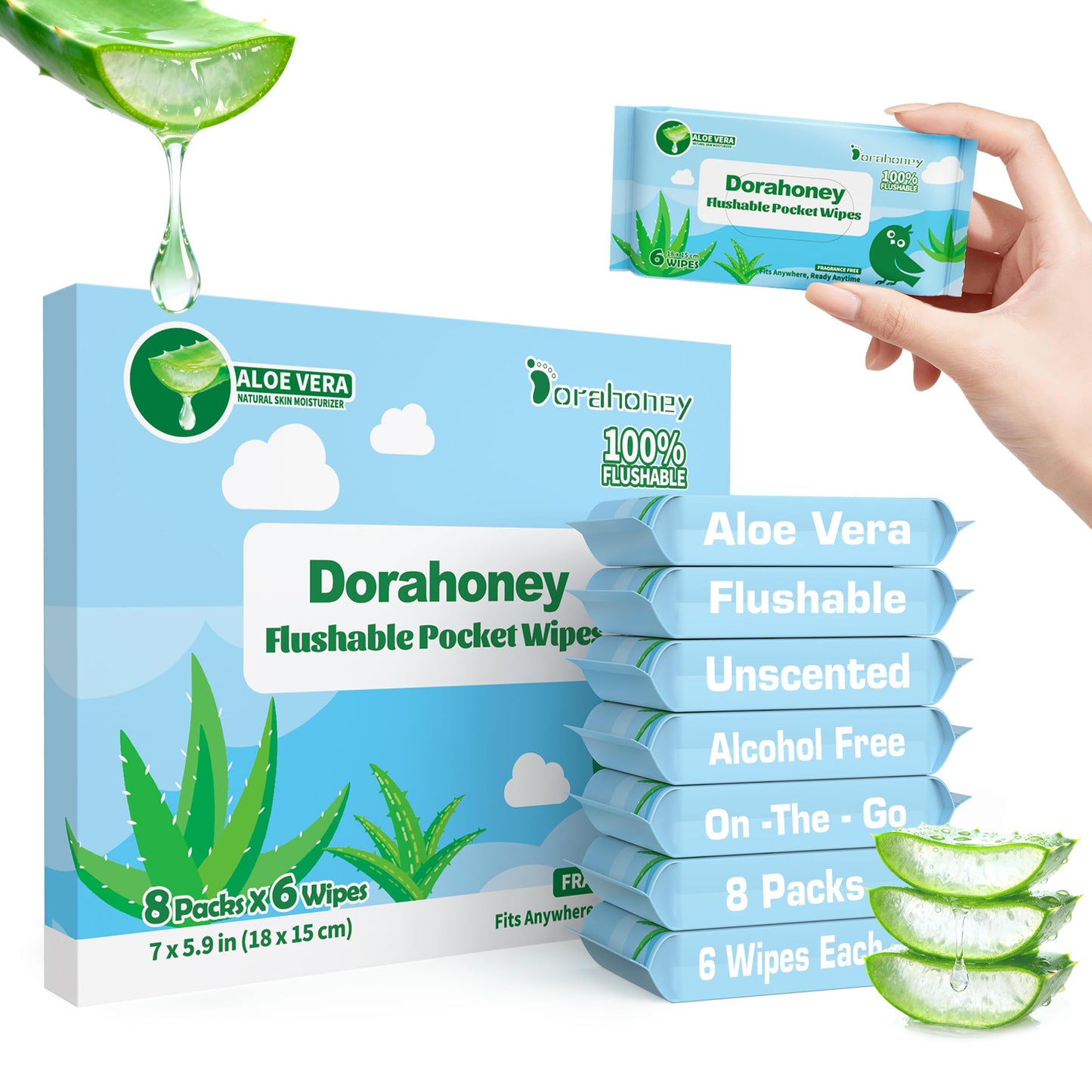 Dorahoney Flushable Travel Wipes with Aloe Vera, 99% Water Moisturizing Mini Wet Wipes for Sensitive Skin, Unscented Pocket Wipes for On The Go Travel Essentials, Total 48 Count (8 Packs of 6)