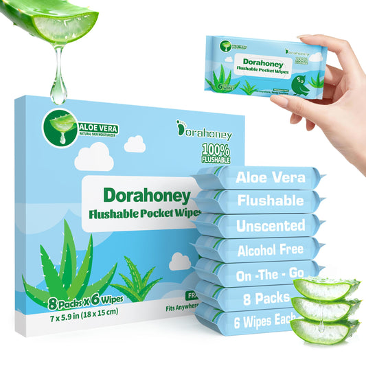 Dorahoney Flushable Travel Wipes with Aloe Vera, 99% Water Moisturizing Mini Wet Wipes for Sensitive Skin, Unscented Pocket Wipes for On The Go Travel Essentials, Total 48 Count (8 Packs of 6)