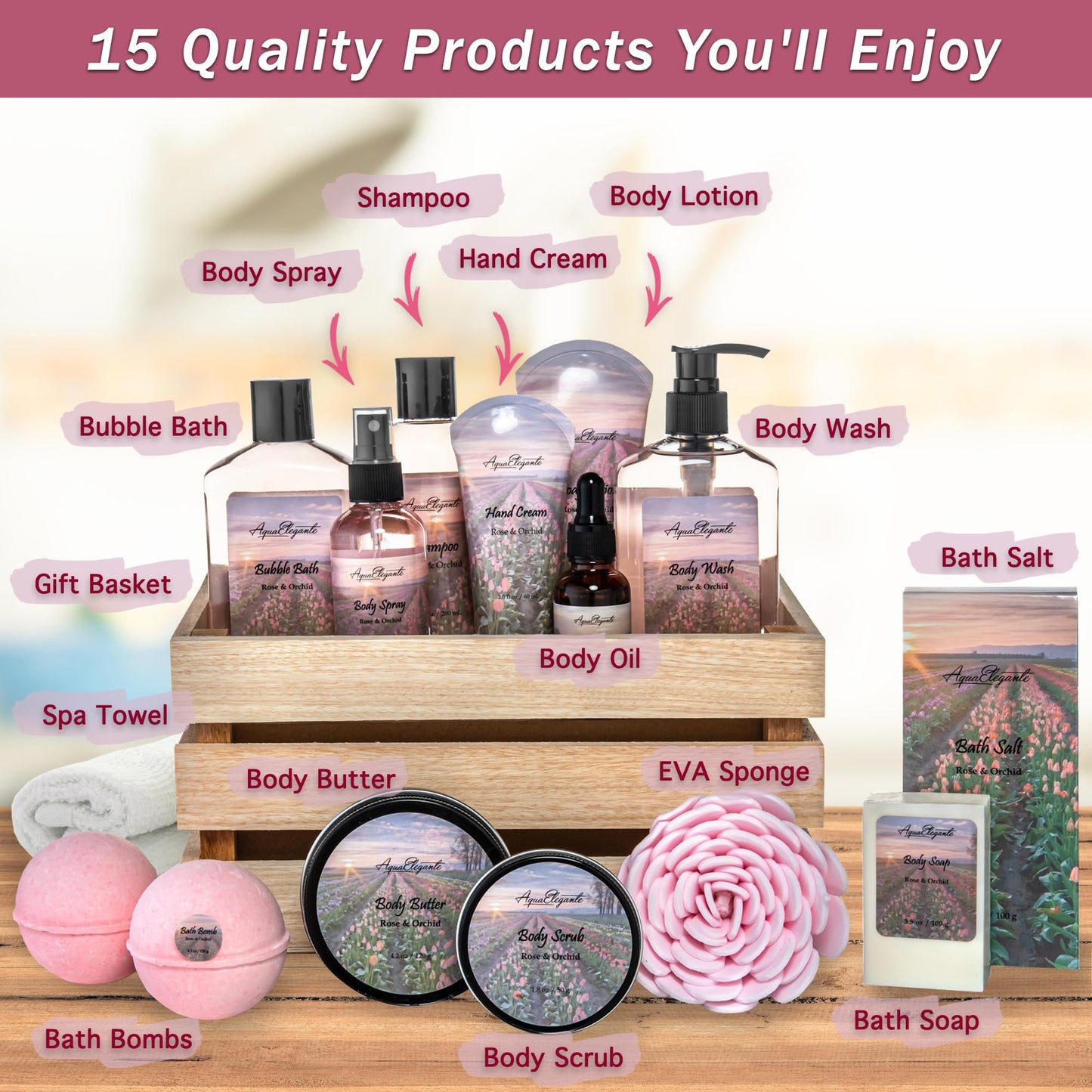 Aqua Elegante Full Spa Gift Set - 15 Piece Premium Bath Basket with Wash, Bubbles, Lotion, Salts, Body Scrub, Towel, Shower Puff, Bathbombs, Reusable Basket, Gifts for Women - Rose Oil & Orchid