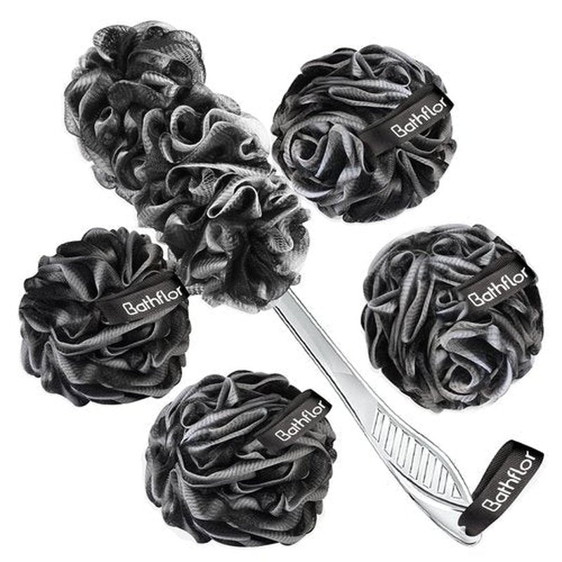 Bathflor Loofah Sponge Exfoliating Body Scrubber: 4PCS Extra Large 80g Shower Loofah Poufs, 1PCS Long Handle Loofa Back Scrubber, 1PCS Luffa Hook, Charcoal Loofah Pack for Women Men Bath Wash, Black