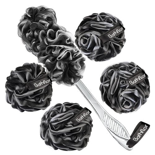 Bathflor Loofah Sponge Exfoliating Body Scrubber: 4PCS Extra Large 80g Shower Loofah Poufs, 1PCS Long Handle Loofa Back Scrubber, 1PCS Luffa Hook, Charcoal Loofah Pack for Women Men Bath Wash, Black