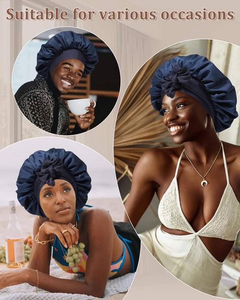 Reversible Satin Bonnet for Sleeping Women Silk Bonnet Double Layer Hair Bonnet with 2PCS Hair Scrunchies Elastic Tie Band Night Cap Hair Wrap for Natural Curly Hair (Navy Blue + Light Blue)