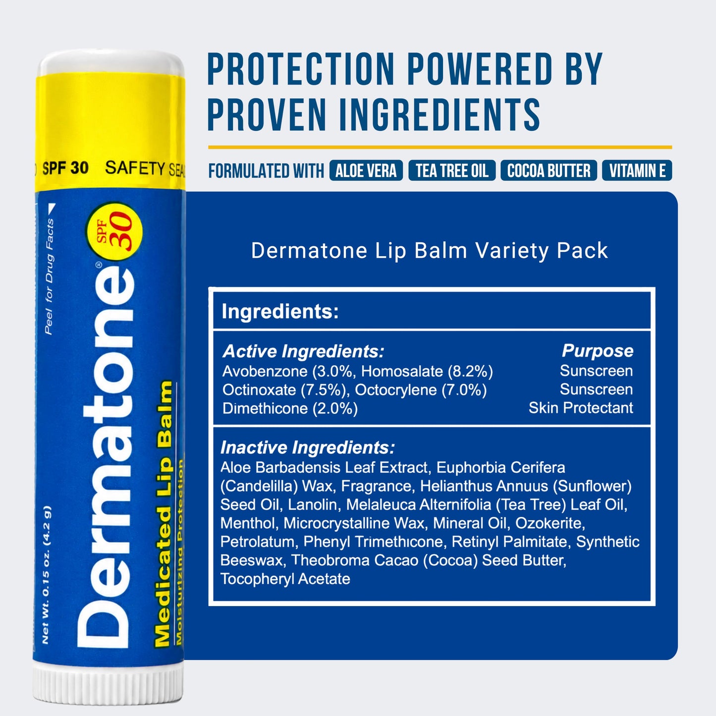 Dermatone Lip Balm Variety Pack | Moisturizing Lip Care | Soothe & Replenish Dry & Chapped Lips | SPF 30 | Aloe, Tea Tree Oil | 3-Pack (Coconut, Green Tea, Original)