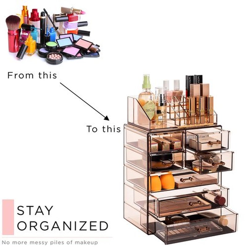 Sorbus Clear Cosmetic Makeup Organizer - Make Up & Jewelry Storage Case Display for Dresser, Bathroom, Vanity (3 Large, 4 Small Drawers, Bronze Glow)