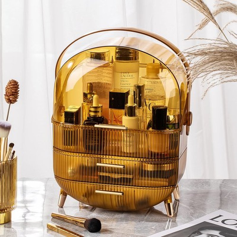 CANITORON Makeup Organizer,Large Capacity Skincare Organizer for Vanity,Cosmetic Organizer with 2 Drawers and Transparent Cover for Bedroom Countertop and Bathroom Countertop Storage.(Amber)