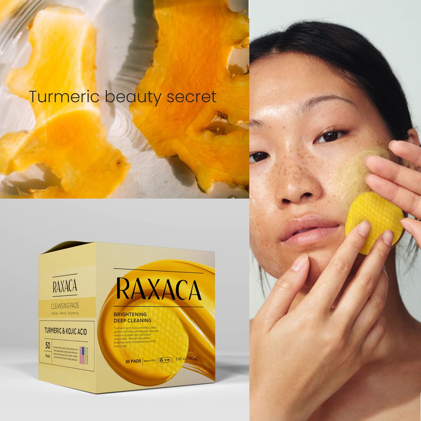 RAXAC Kojic Acid & Turmeric Facial Cleansing Pads, 50 Count, Vitamin C, Gentle Exfoliating Cotton Pads for Brighter & Refreshed Looking Skin, Daily Facial Cleansing Pads