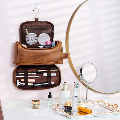 Elviros Toiletry Bag, Mens Leather Travel Organizer Kit with hanging hook, Large Water-resistant Toiletries Bathroom Shaving Bags for Women (Brown)