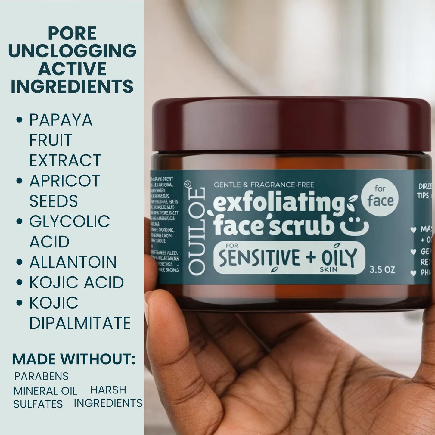 Non Irritating Facial Scrub Exfoliator for Sensitive and Oily Skin - Unscented Face Scrub Exfoliator - Safe for Acne Prone Skin - Gentle, Non Comedogenic, pH Balanced, 3.52 oz by Ouiloe