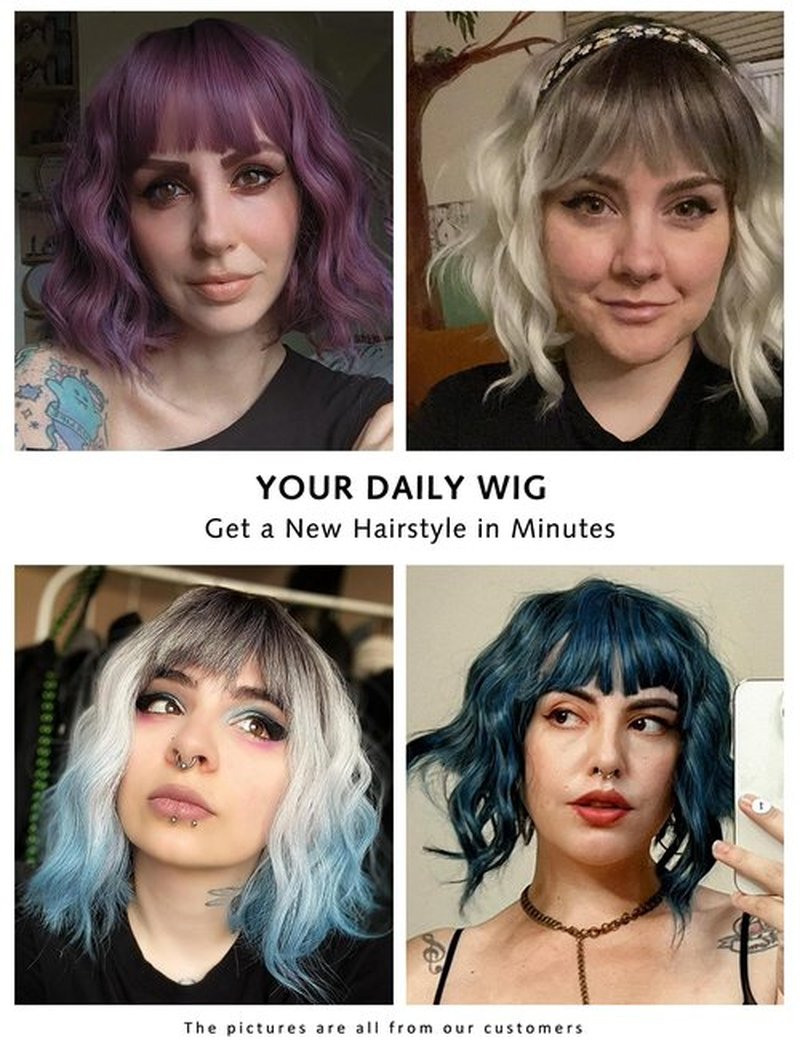 Rose bud Wavy Bob Wig with Bangs Synthetic Natural Wig Short Curly Wigs for Women Thick Black to Orange