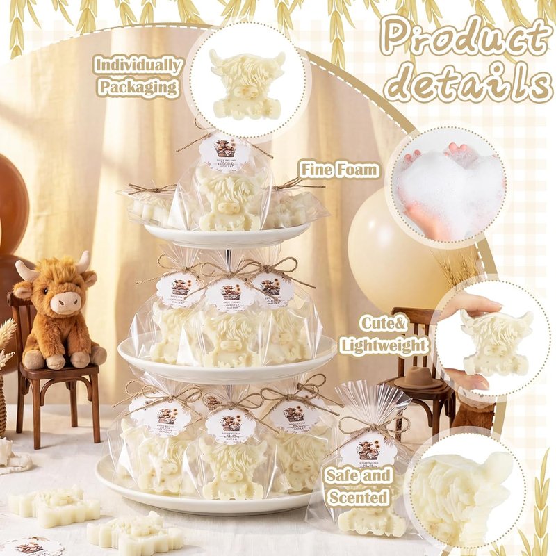 Highland Cow Baby Shower Soap Favors - 20 Sets Handmade Oat Soaps with Greeting Cards | Farmhouse Woodland Theme