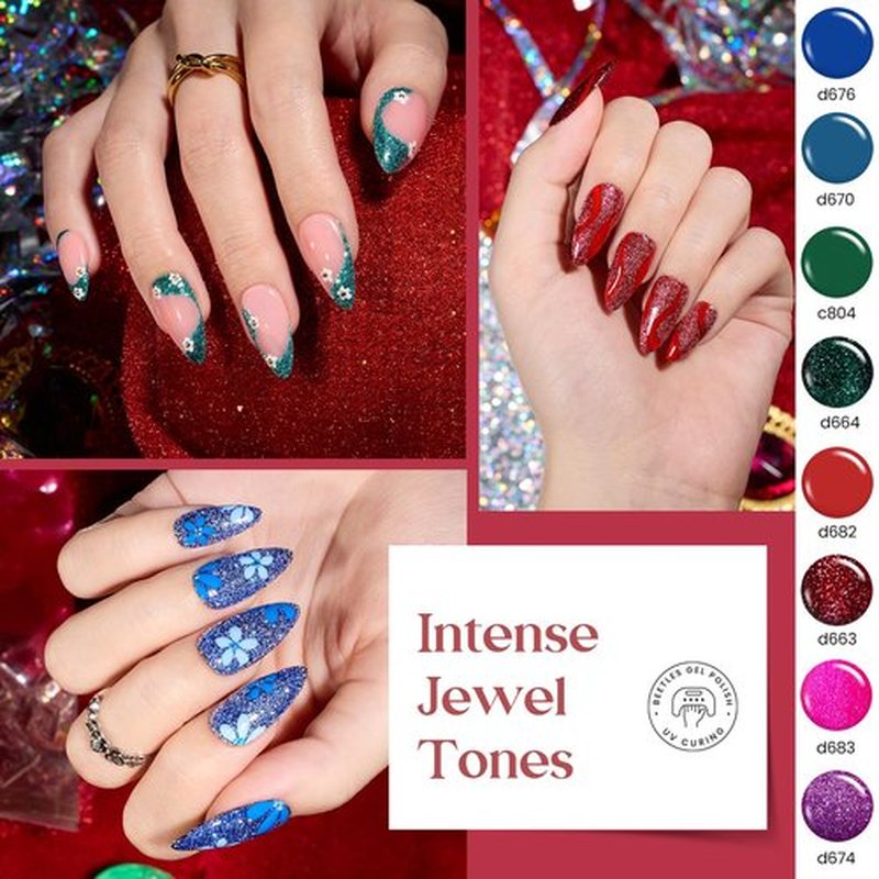 beetles Gel Polish Liner Nail Art Set, 50 Colors Reflective Glitter Pink Red Blue Green Silver Gel Polish Soak Off UV Built Thin Brush in Bottle Nail Design Polish Rainbow Nails