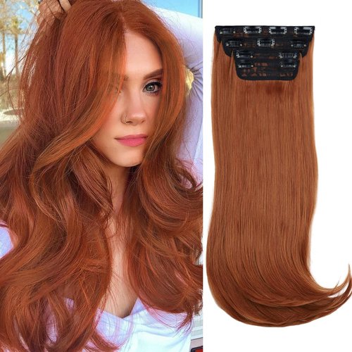 FREEMEIGE Copper Red Hair Extensions Clip in Hair Extensions for Women Long Layered Hair Extensions Straight Synthetic Clip in Extensions Long Wavy Extension Daily Use 20 Inch
